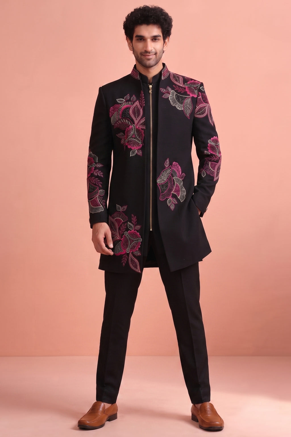 Black Silk Embroidered Jacket Indo Western Set