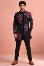 Black Silk Embroidered Jacket Indo Western Set