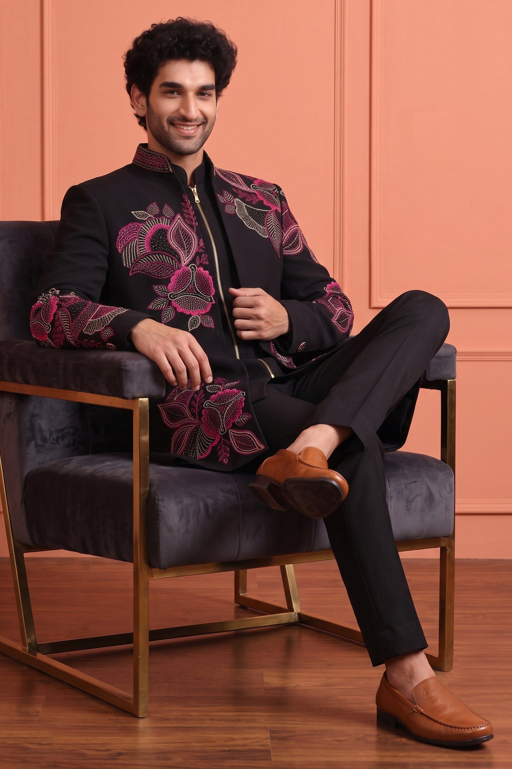 Black Silk Embroidered Jacket Indo Western Set