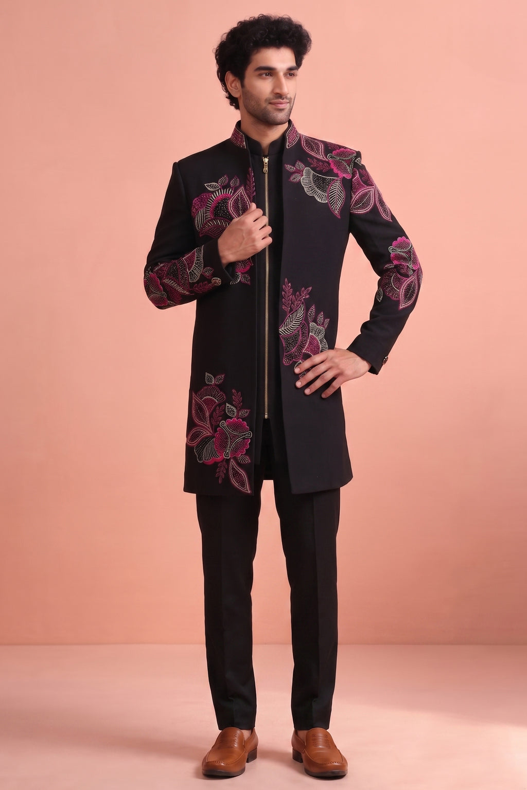 Black Silk Embroidered Jacket Indo Western Set