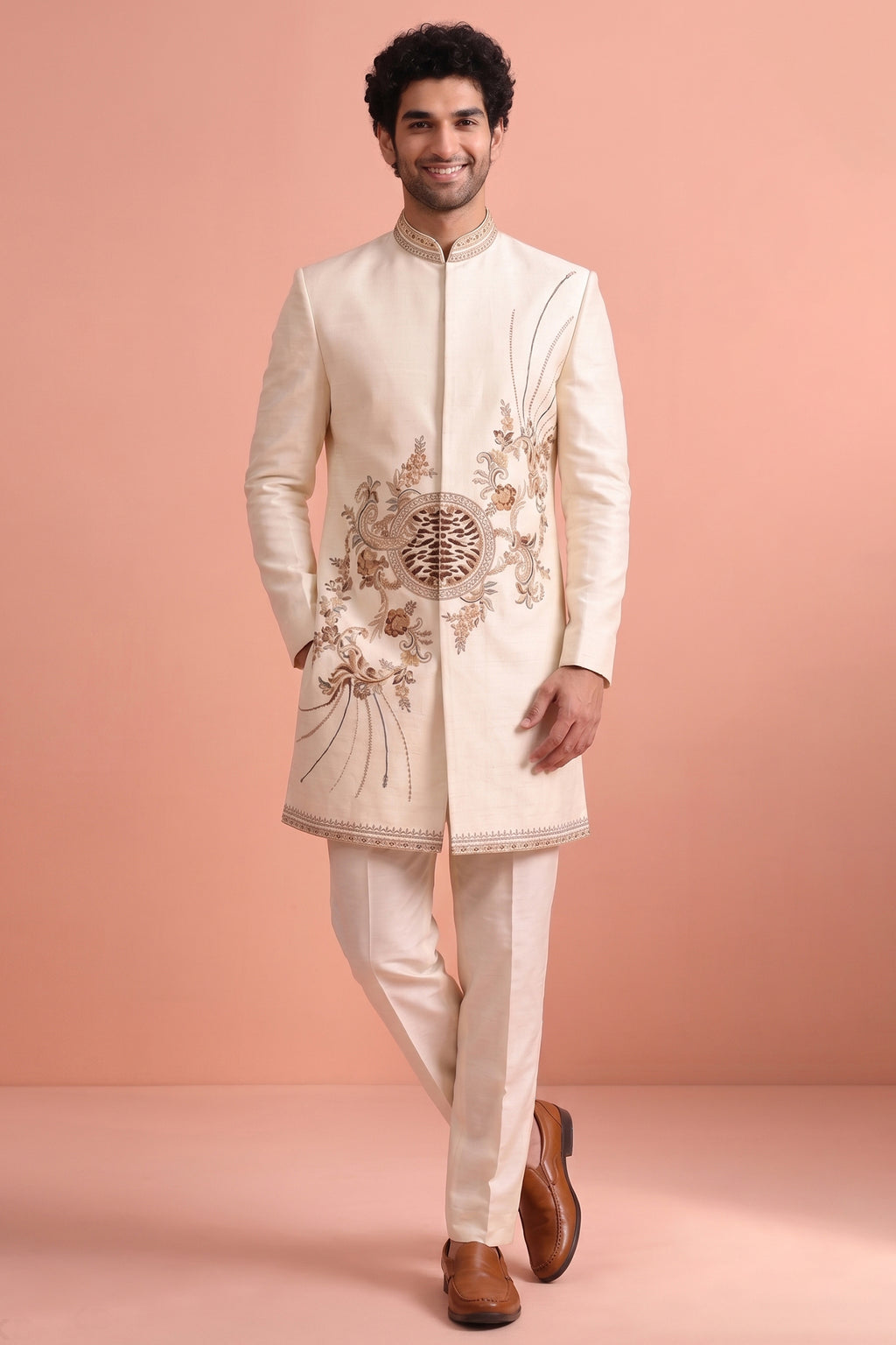 White Satin Embroidered Jacket Indo Western Set