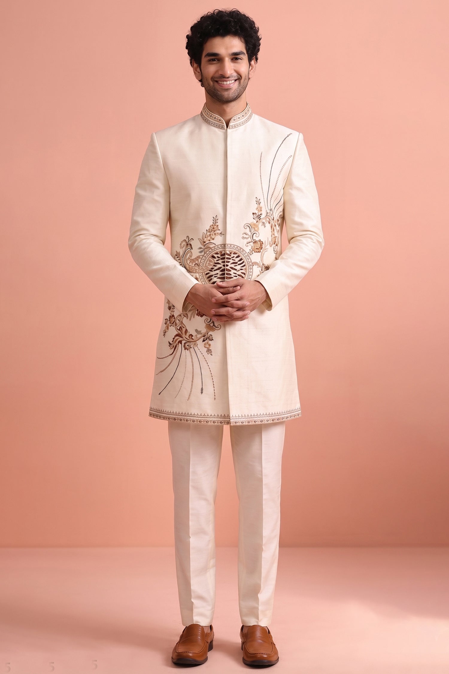 White Satin Embroidered Jacket Indo Western Set