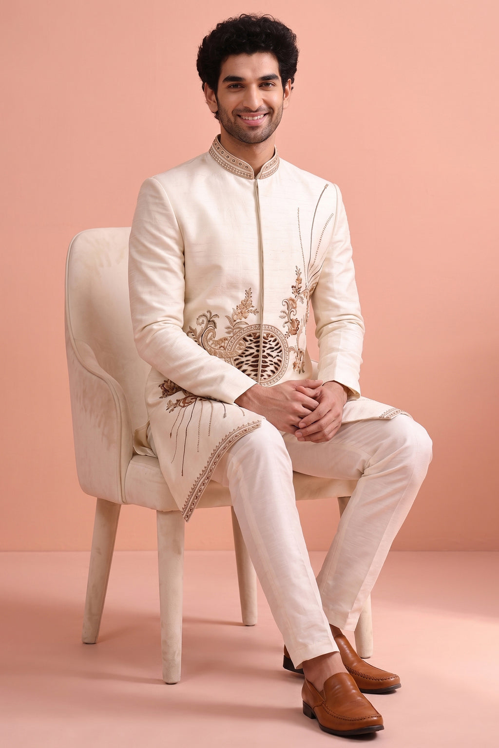 White Satin Embroidered Jacket Indo Western Set