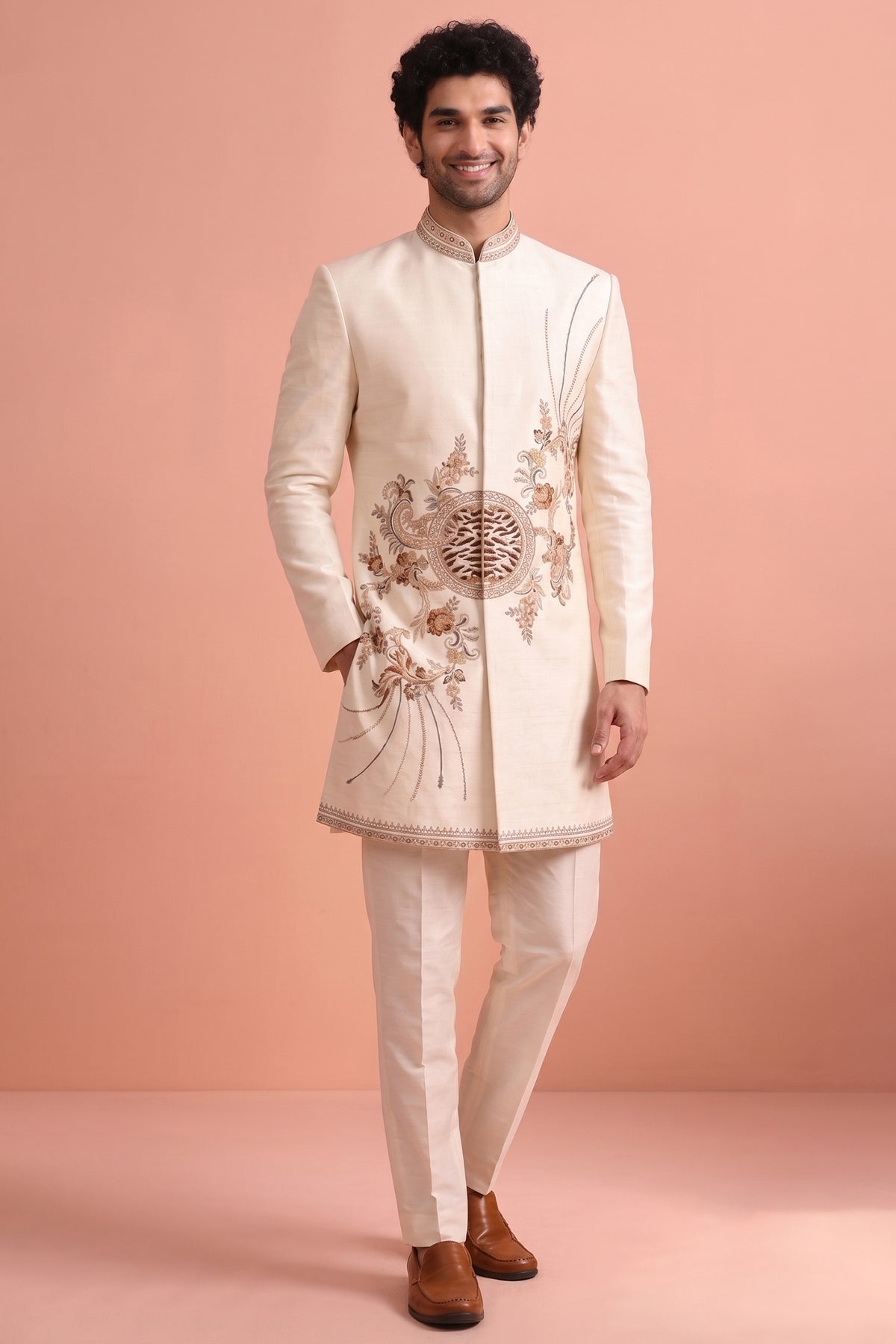 White Satin Embroidered Jacket Indo Western Set