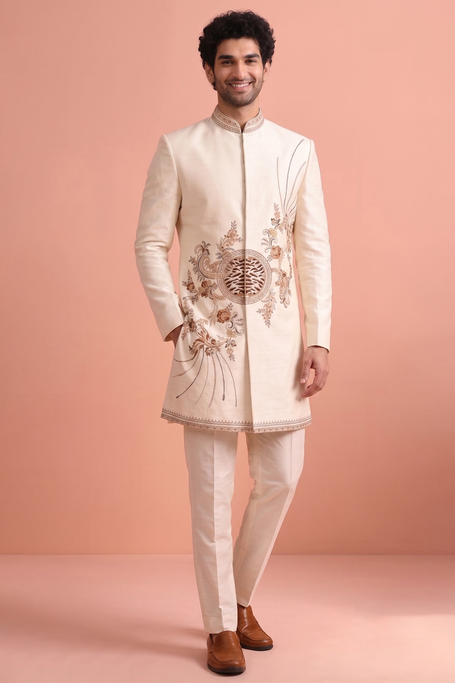White Satin Embroidered Jacket Indo Western Set