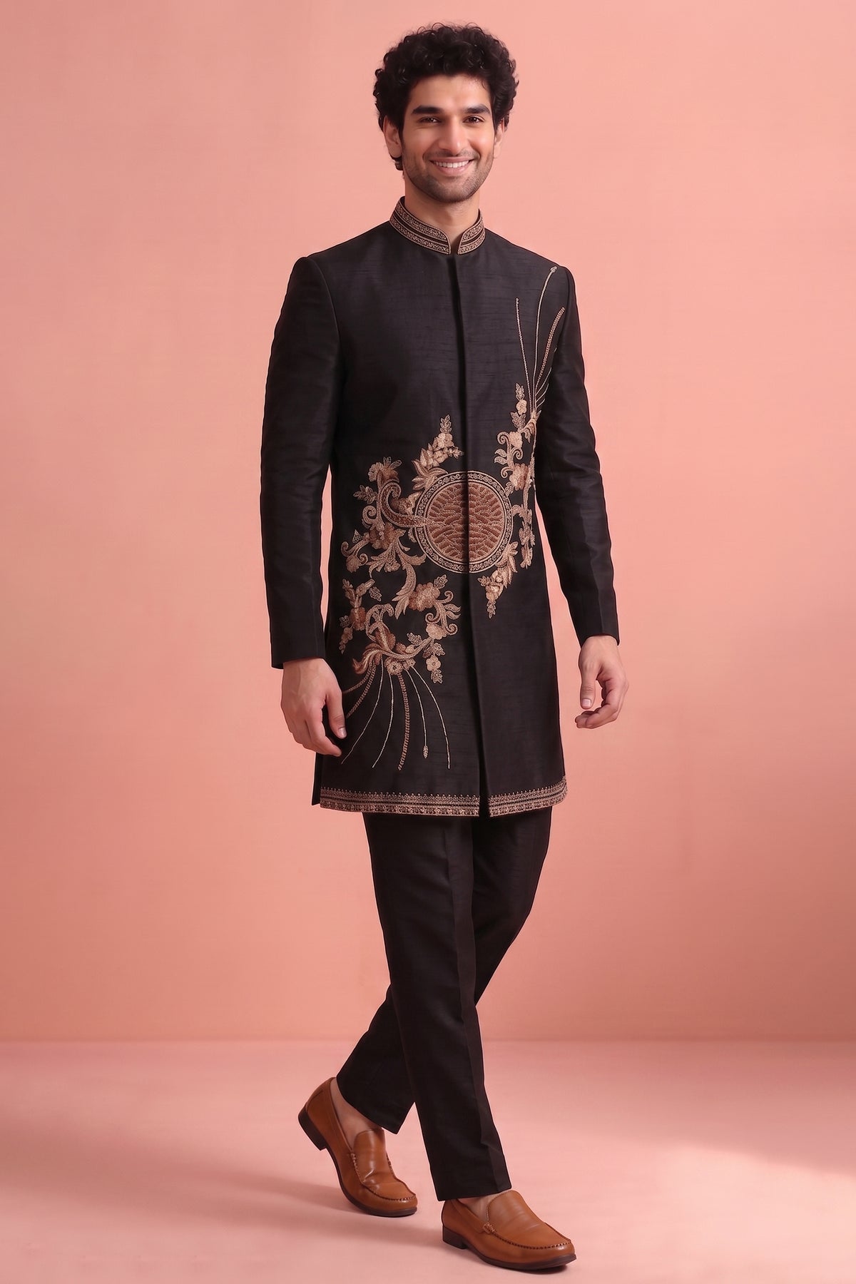 Black Satin Embroidered Jacket Indo Western Set