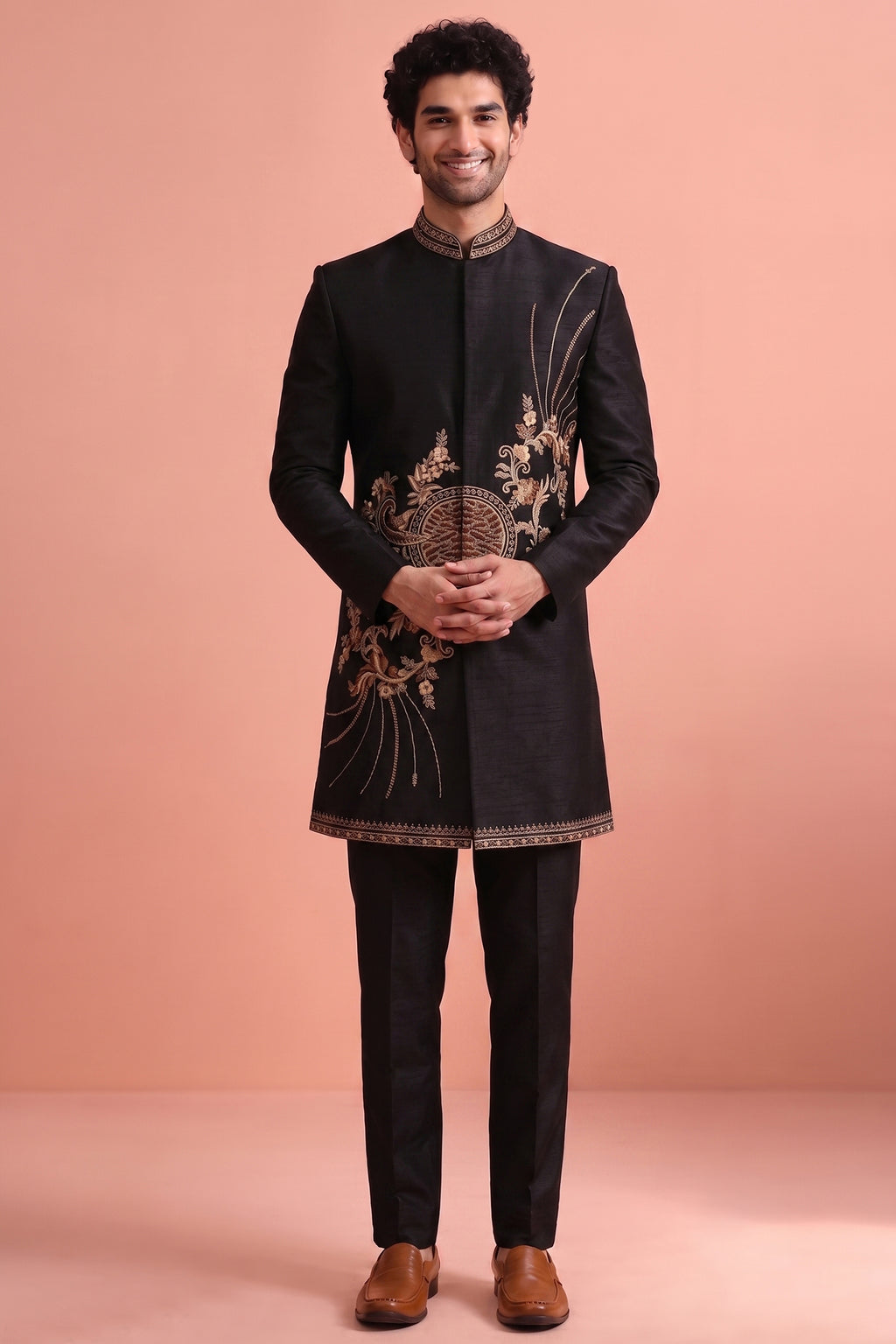 Black Satin Embroidered Jacket Indo Western Set