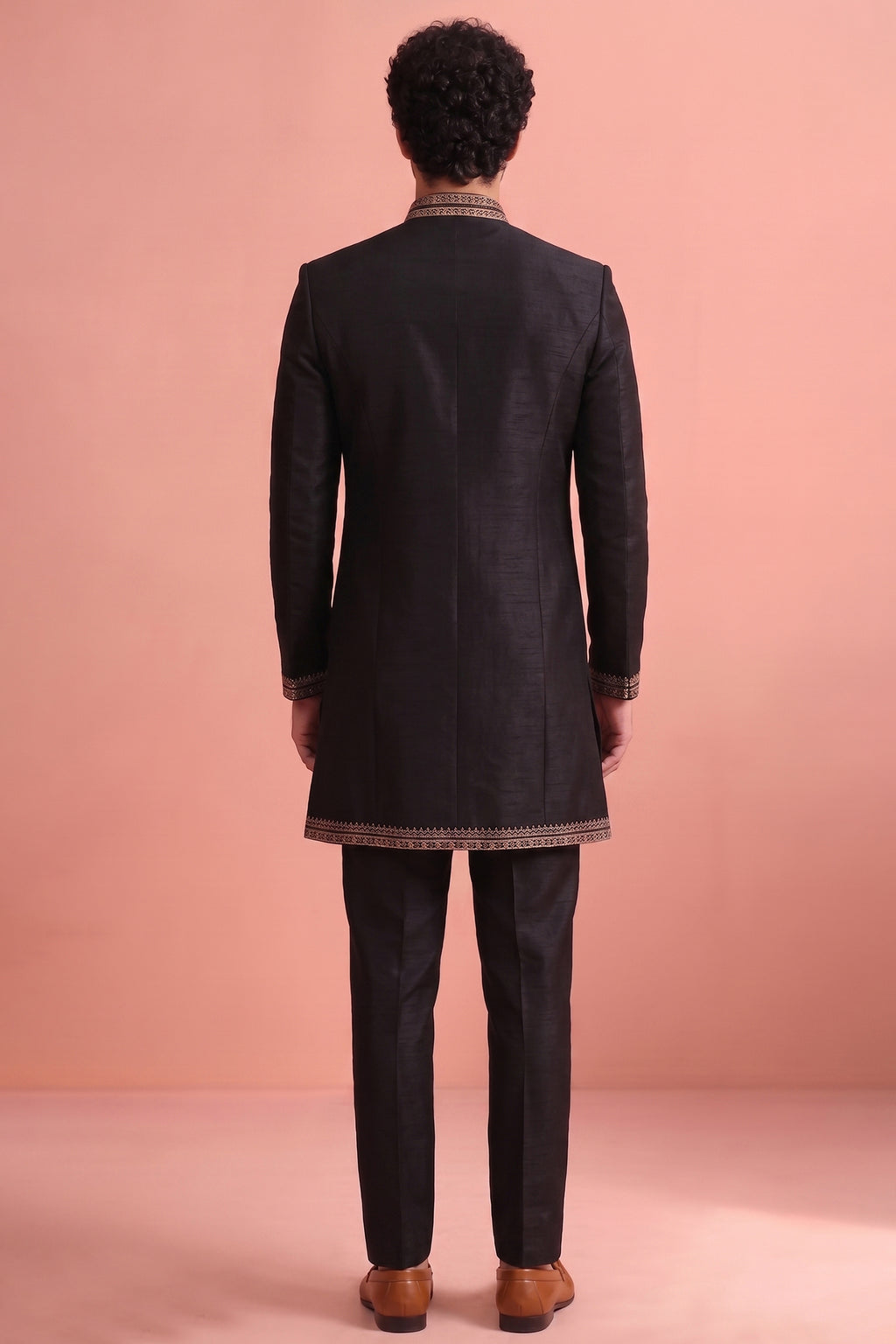 Black Satin Embroidered Jacket Indo Western Set