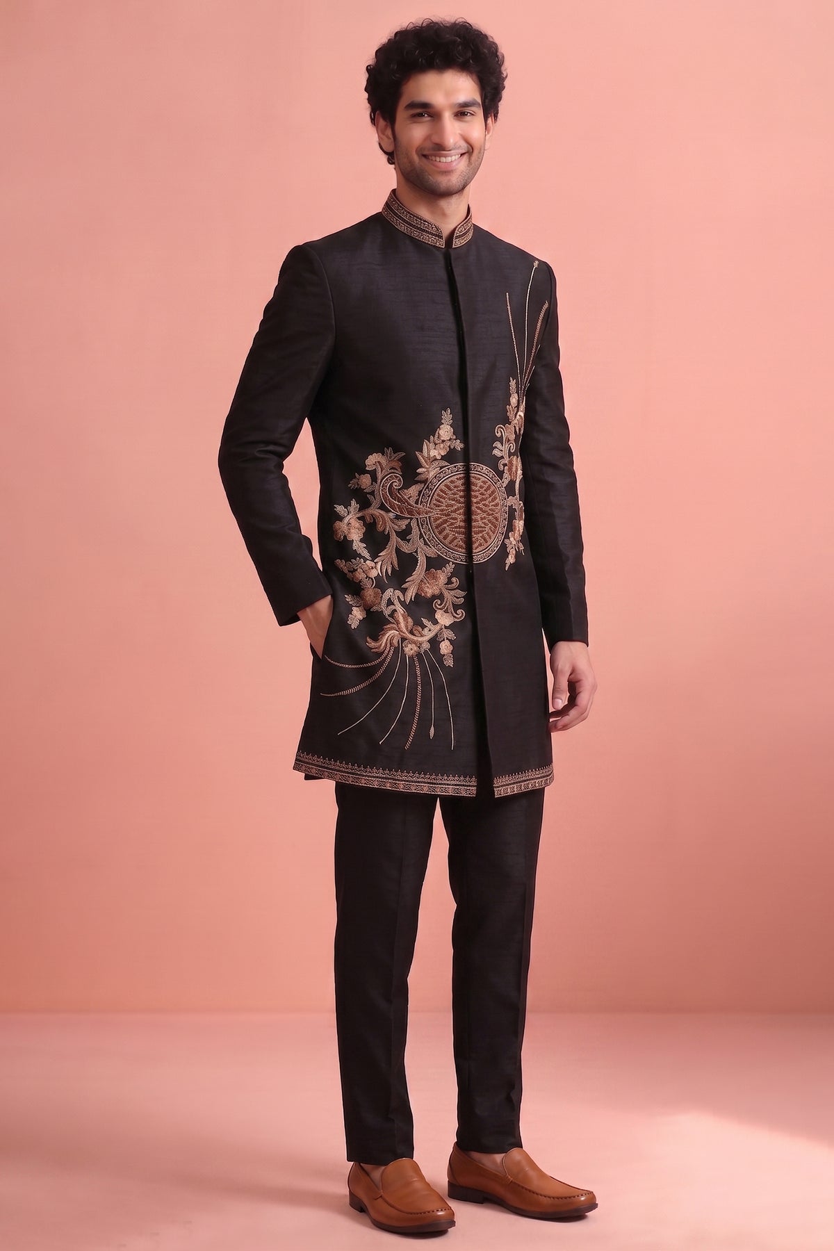 Black Satin Embroidered Jacket Indo Western Set