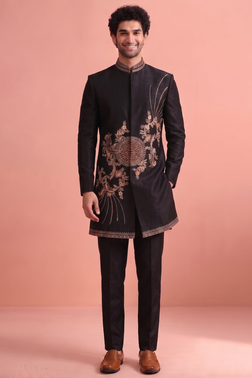 Black Satin Embroidered Jacket Indo Western Set