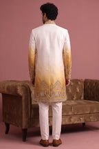 Off White and Yellow Indo Western Set with Embroidery