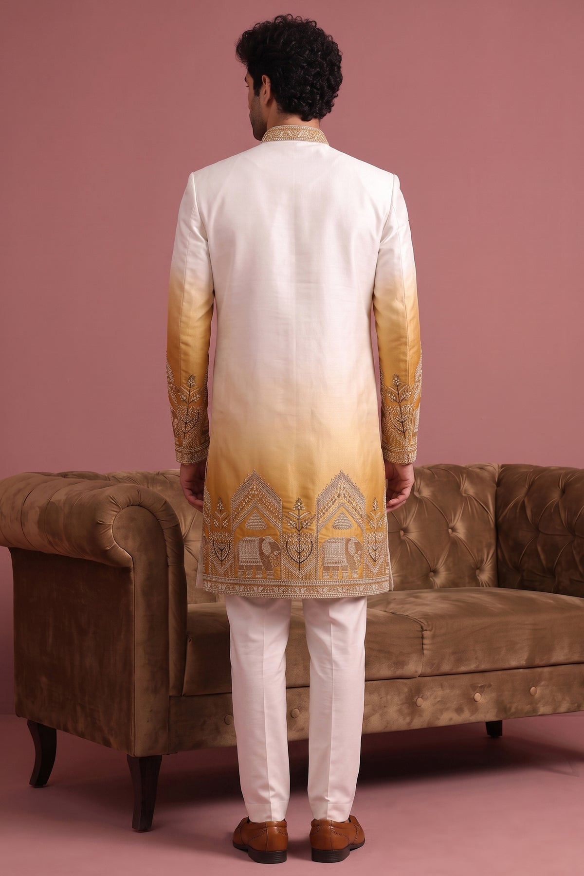 Off White and Yellow Indo Western Set with Embroidery