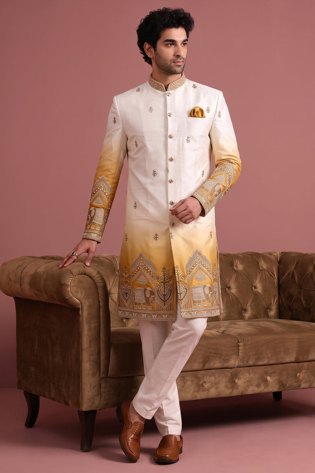 Off White and Yellow Indo Western Set with Embroidery