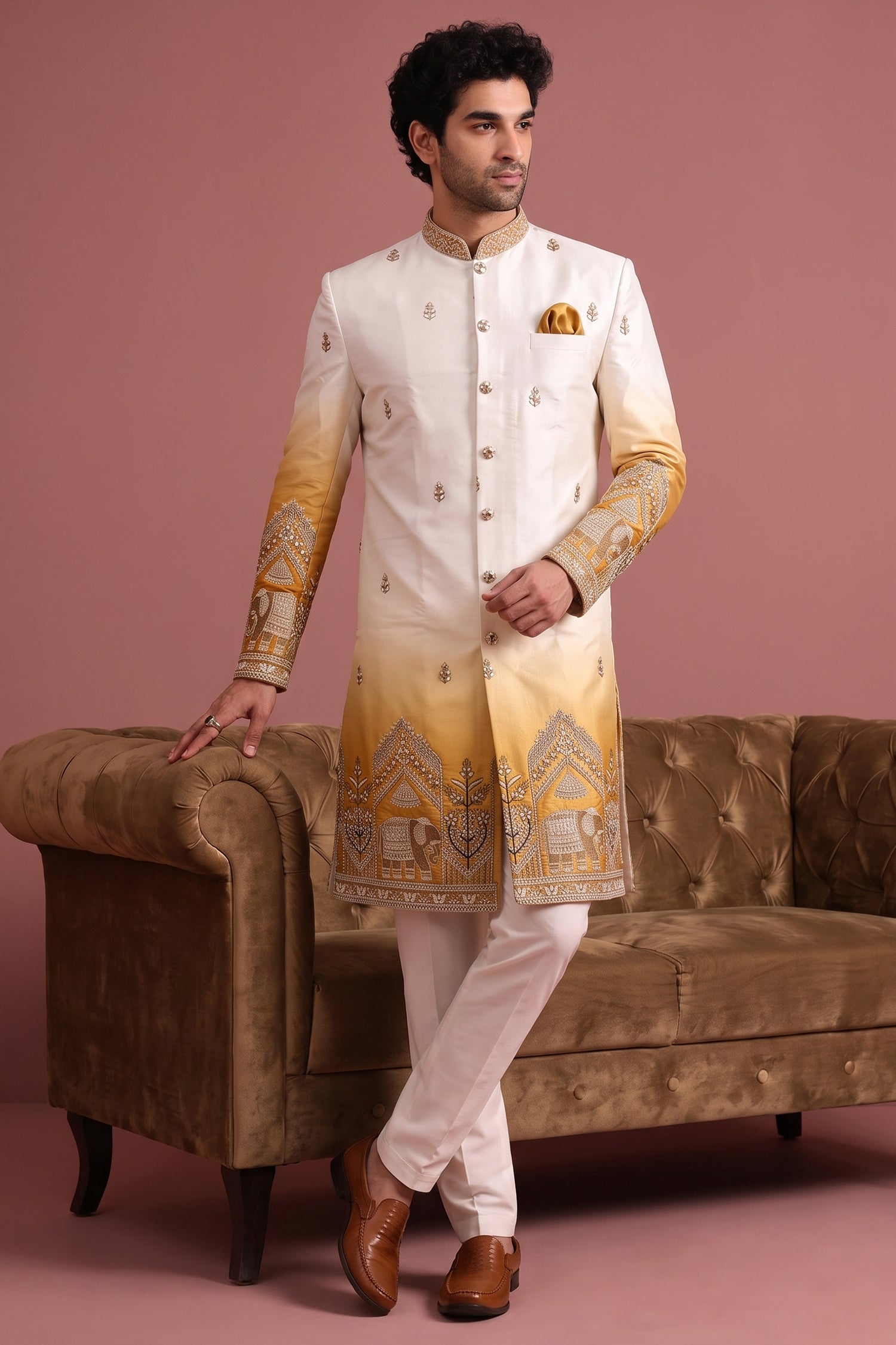 Off White and Yellow Indo Western Set with Embroidery