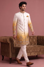 Off White and Yellow Indo Western Set with Embroidery