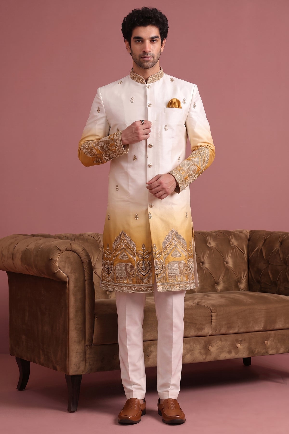 Off White and Yellow Indo Western Set with Embroidery Main image