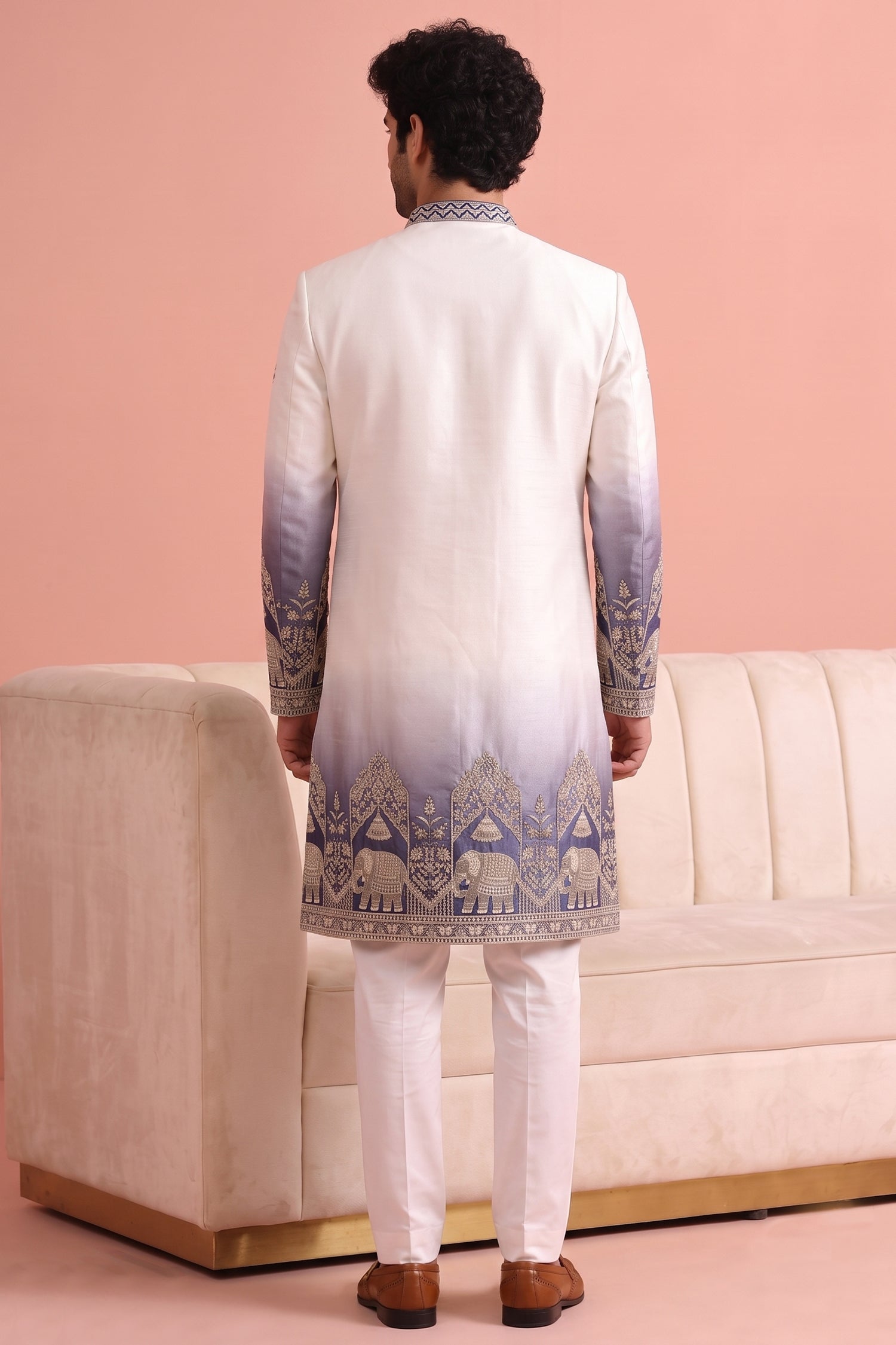 Off White and Purple Indo Western Set with Embroidery