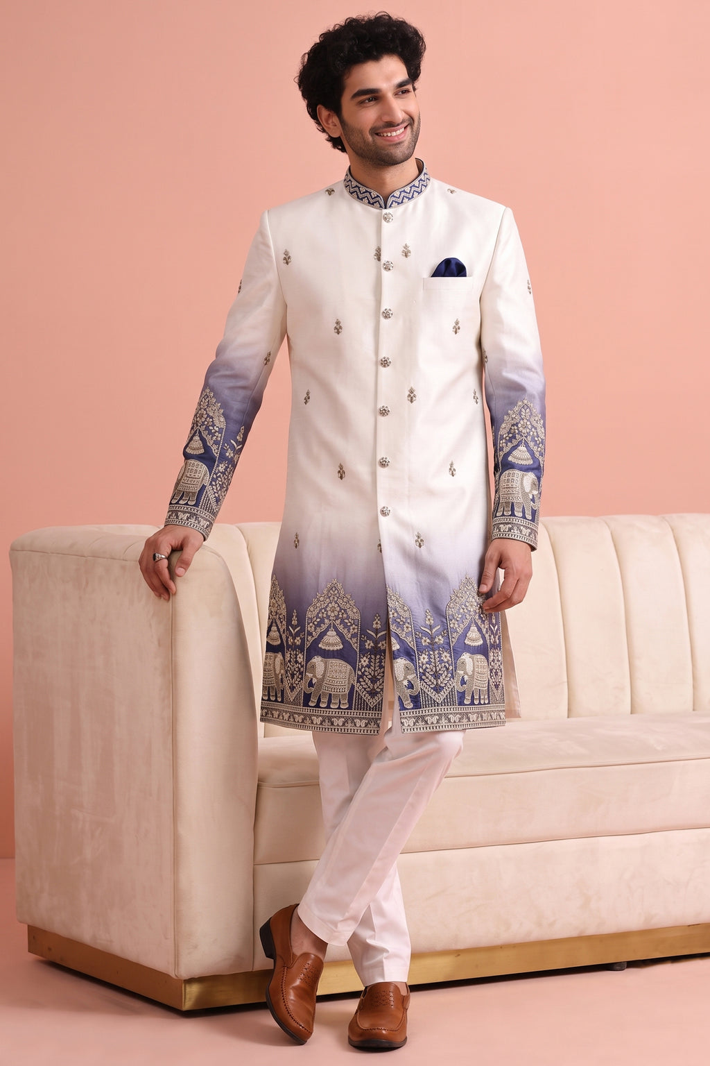 Off White and Purple Indo Western Set with Embroidery