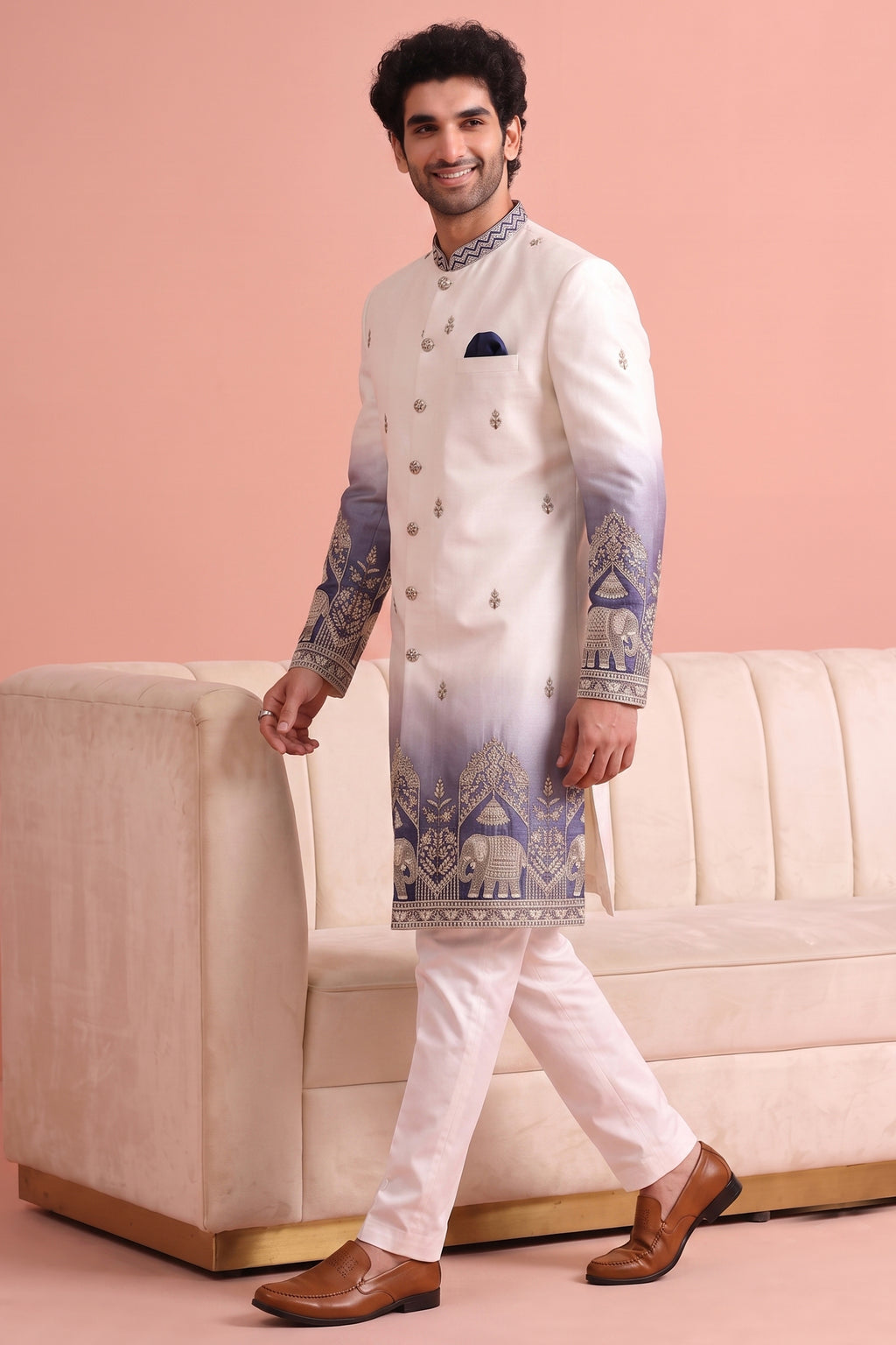 Off White and Purple Indo Western Set with Embroidery