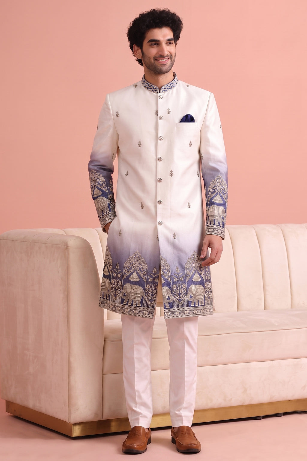 Off White and Purple Indo Western Set with Embroidery