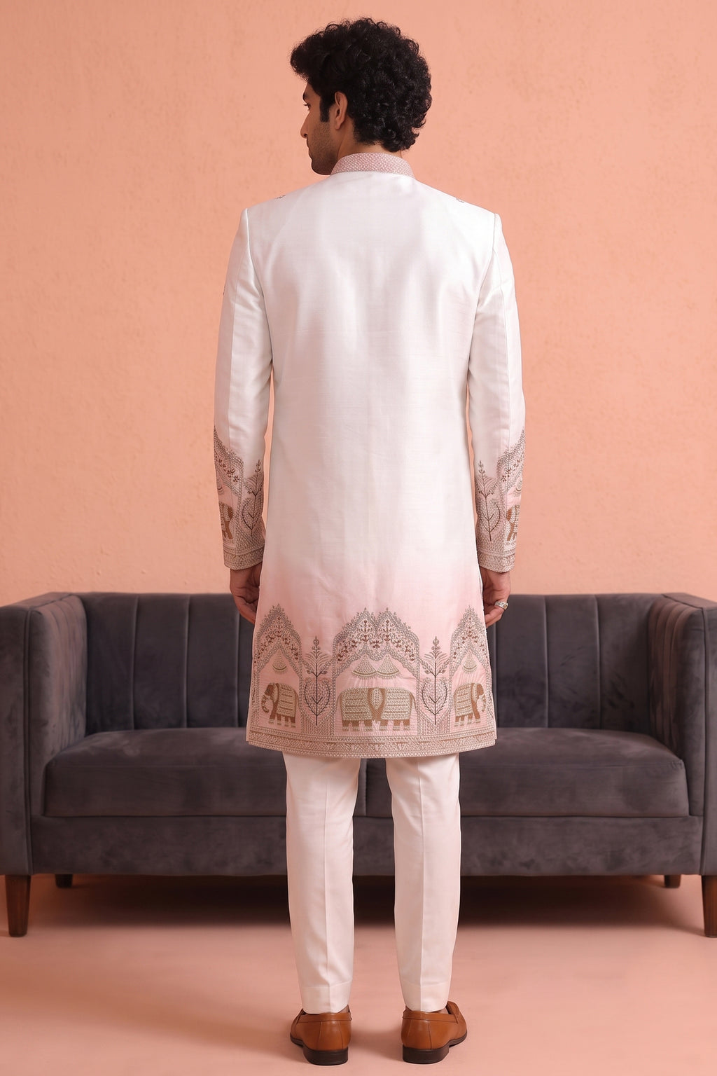 Off White and Light Pink Indo Western Set with Embroidery