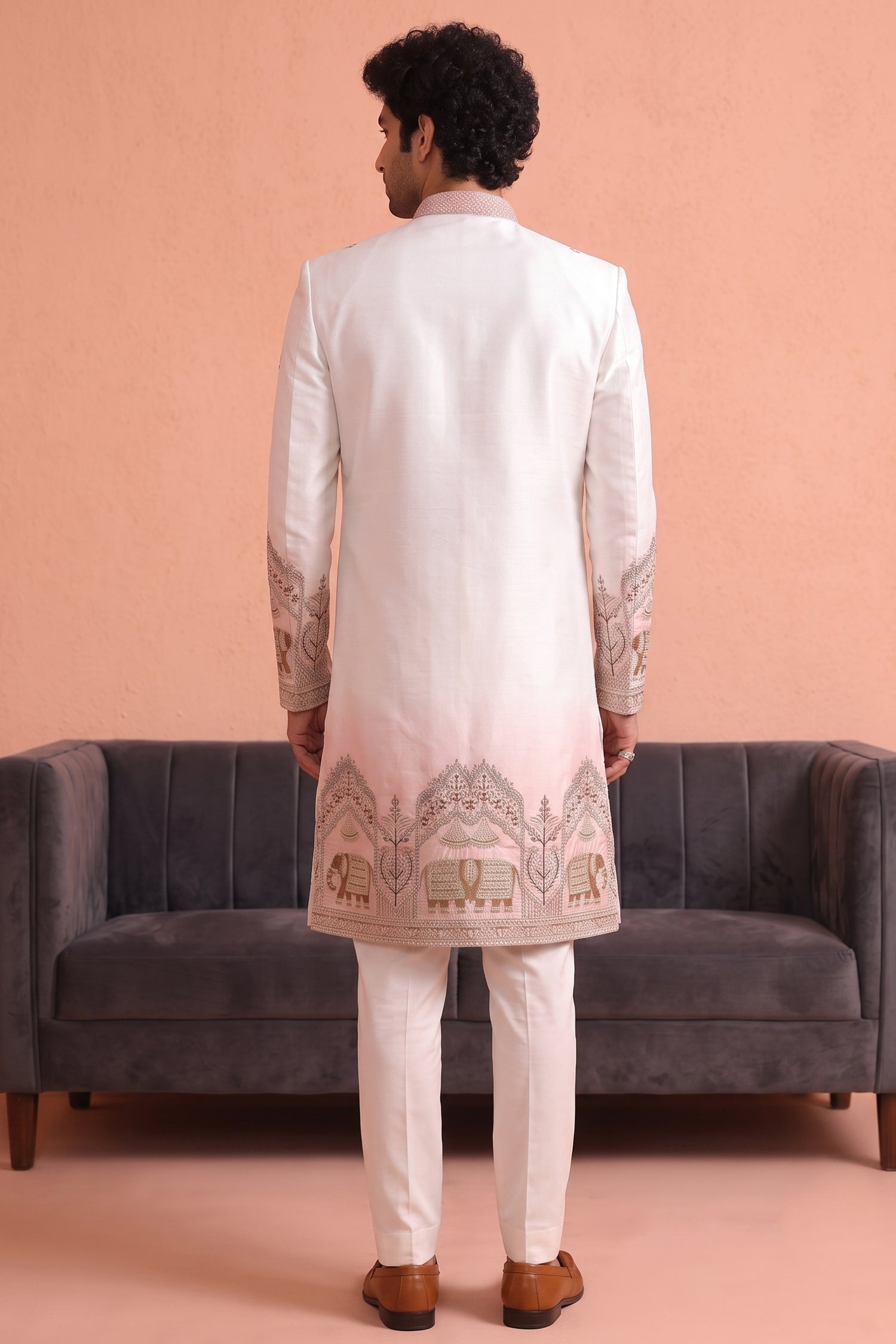 Off White and Light Pink Indo Western Set with Embroidery