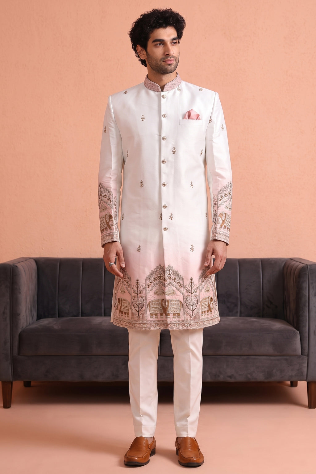 Off White and Light Pink Indo Western Set with Embroidery