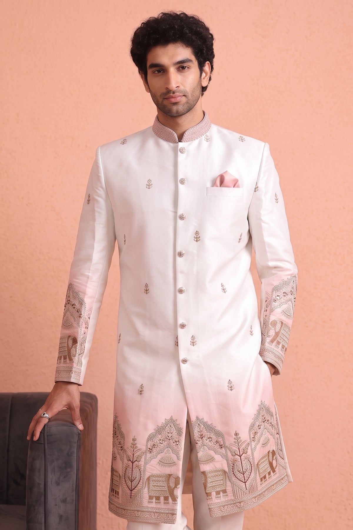 Off White and Light Pink Indo Western Set with Embroidery