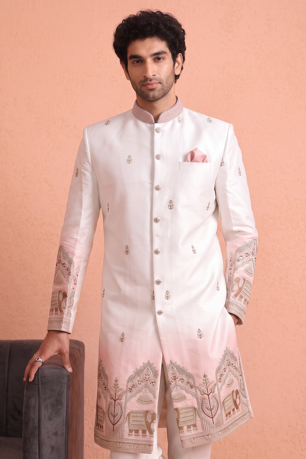 Off White and Light Pink Indo Western Set with Embroidery