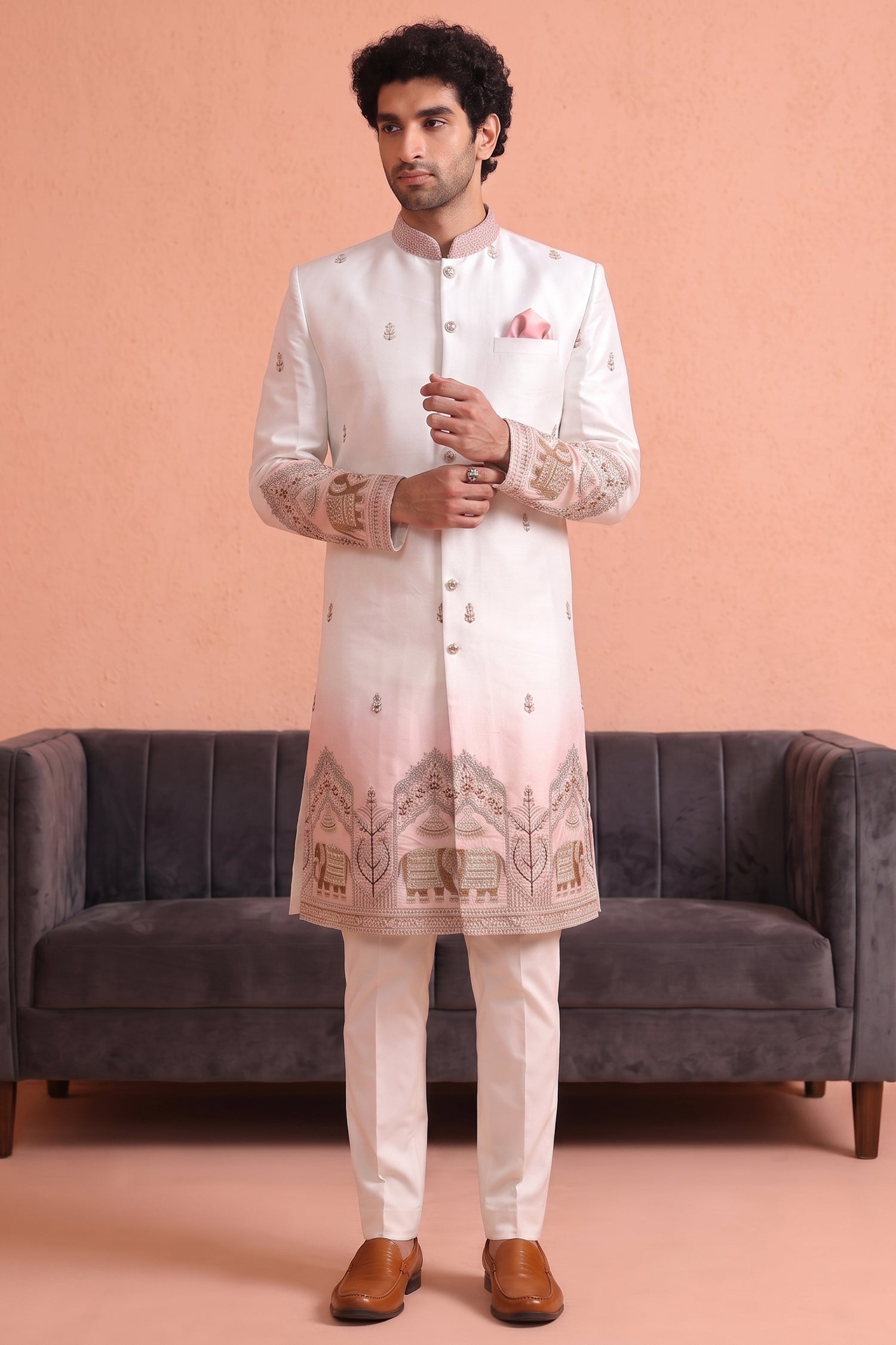 Off White and Light Pink Indo Western Set with Embroidery Main image