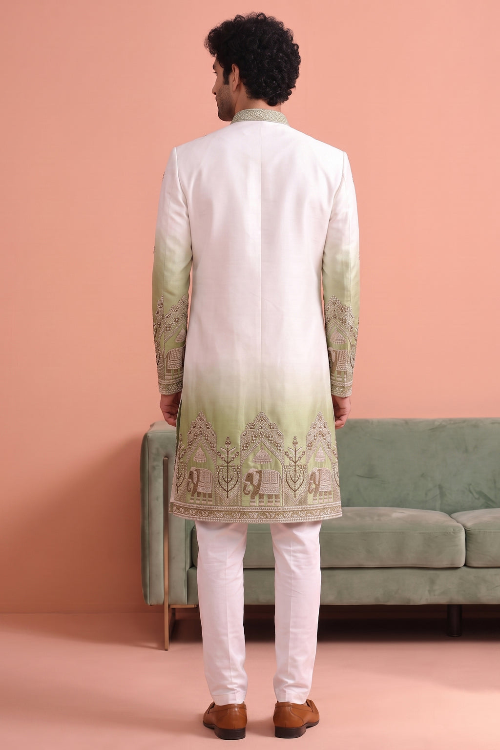 Off White and Green Indo Western Set with Embroidery