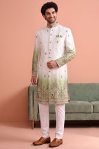 Off White and Green Indo Western Set with Embroidery