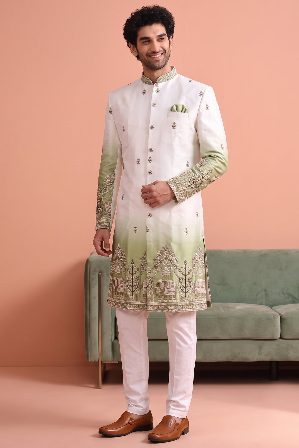 Off White and Green Indo Western Set with Embroidery