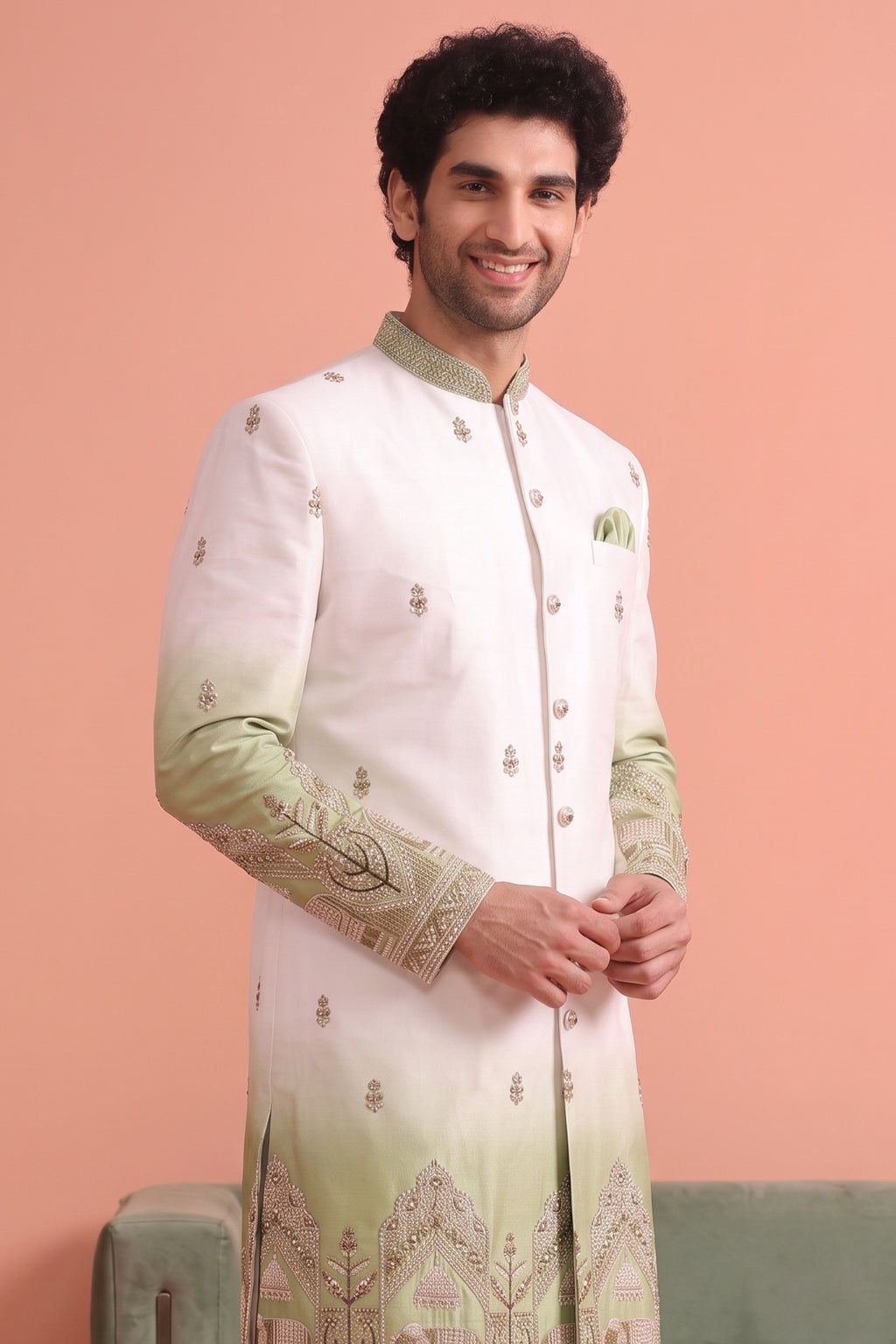 Off White and Green Indo Western Set with Embroidery