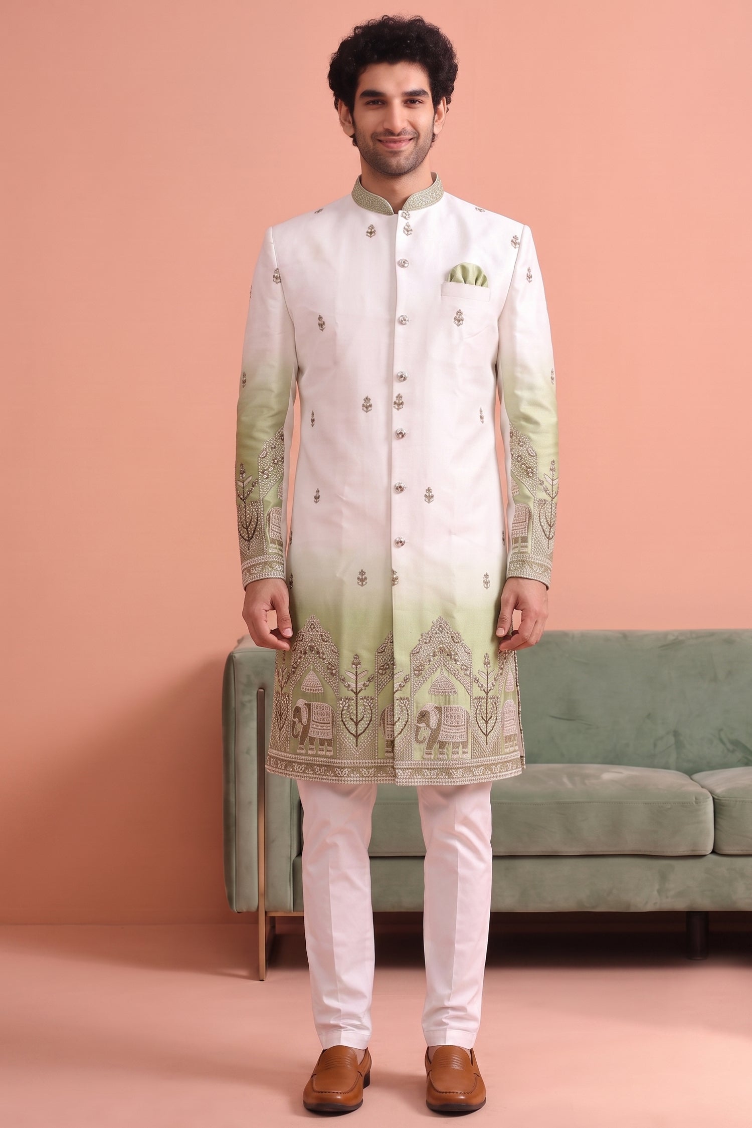 Off White and Green Indo Western Set with Embroidery Main image