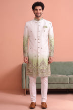 Off White and Green Indo Western Set with Embroidery