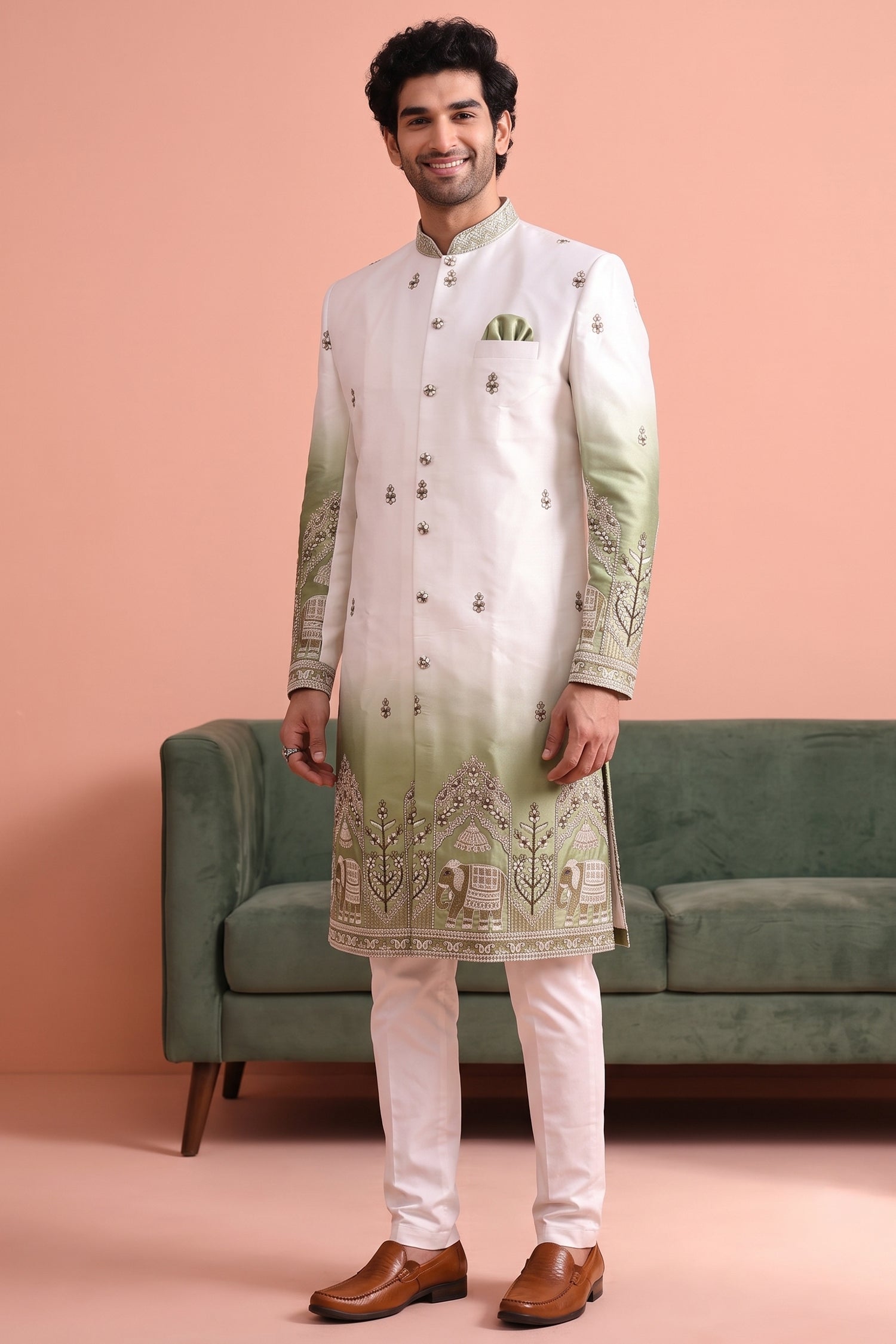 Off White and Green Indo Western Set with Embroidery Secondary image