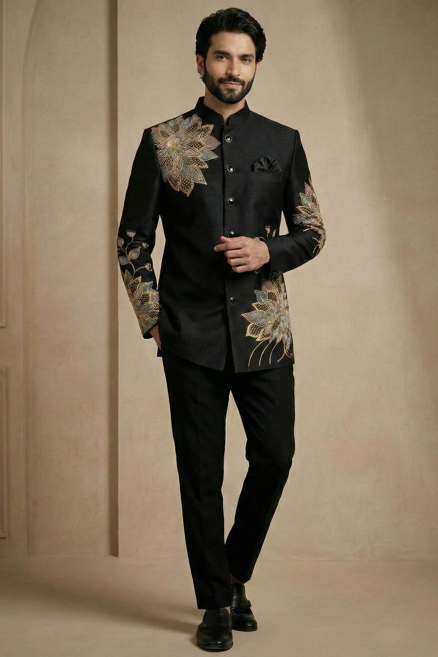 Black Satin Embroidered Jodhpuri Suit