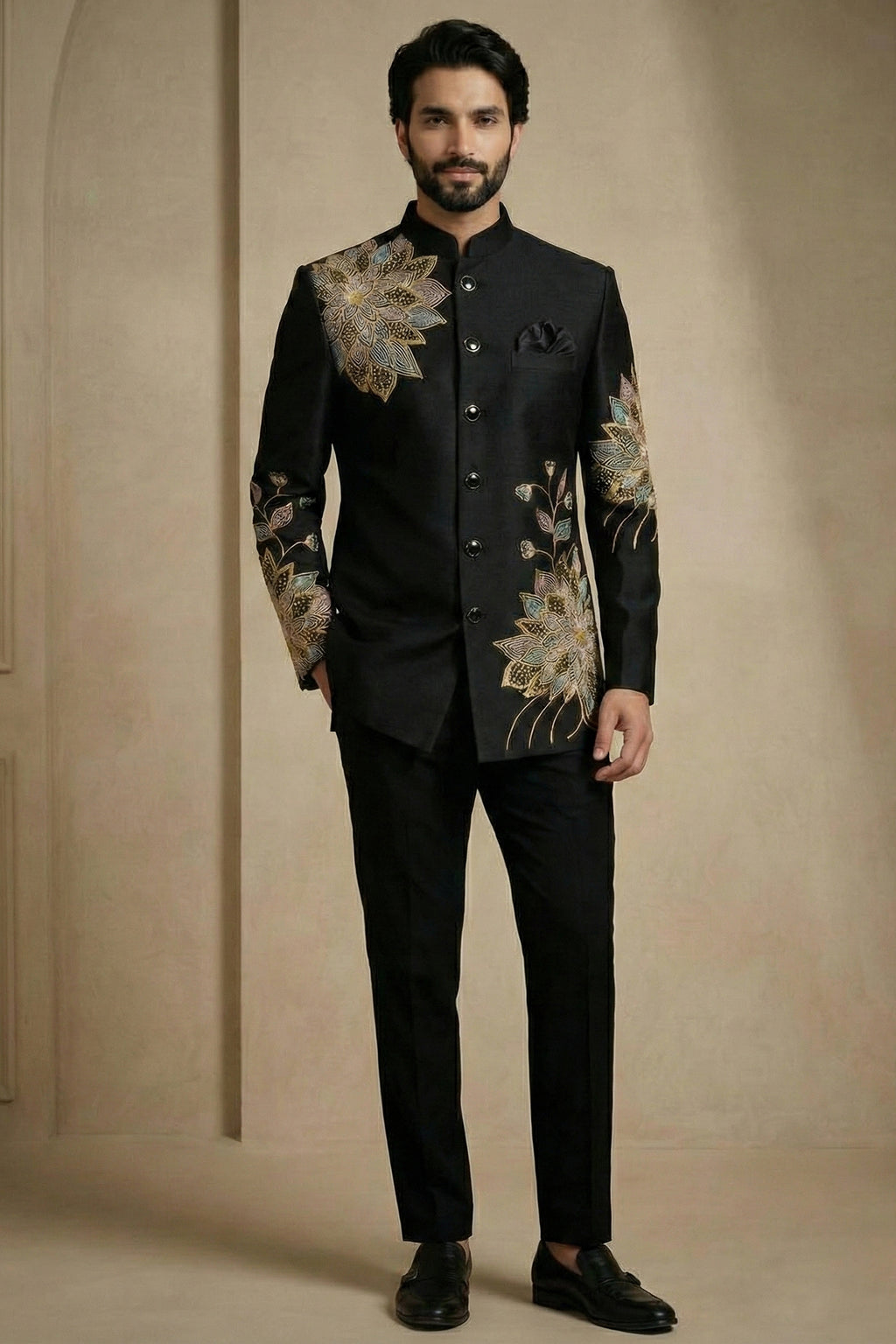 Black Satin Embroidered Jodhpuri Suit