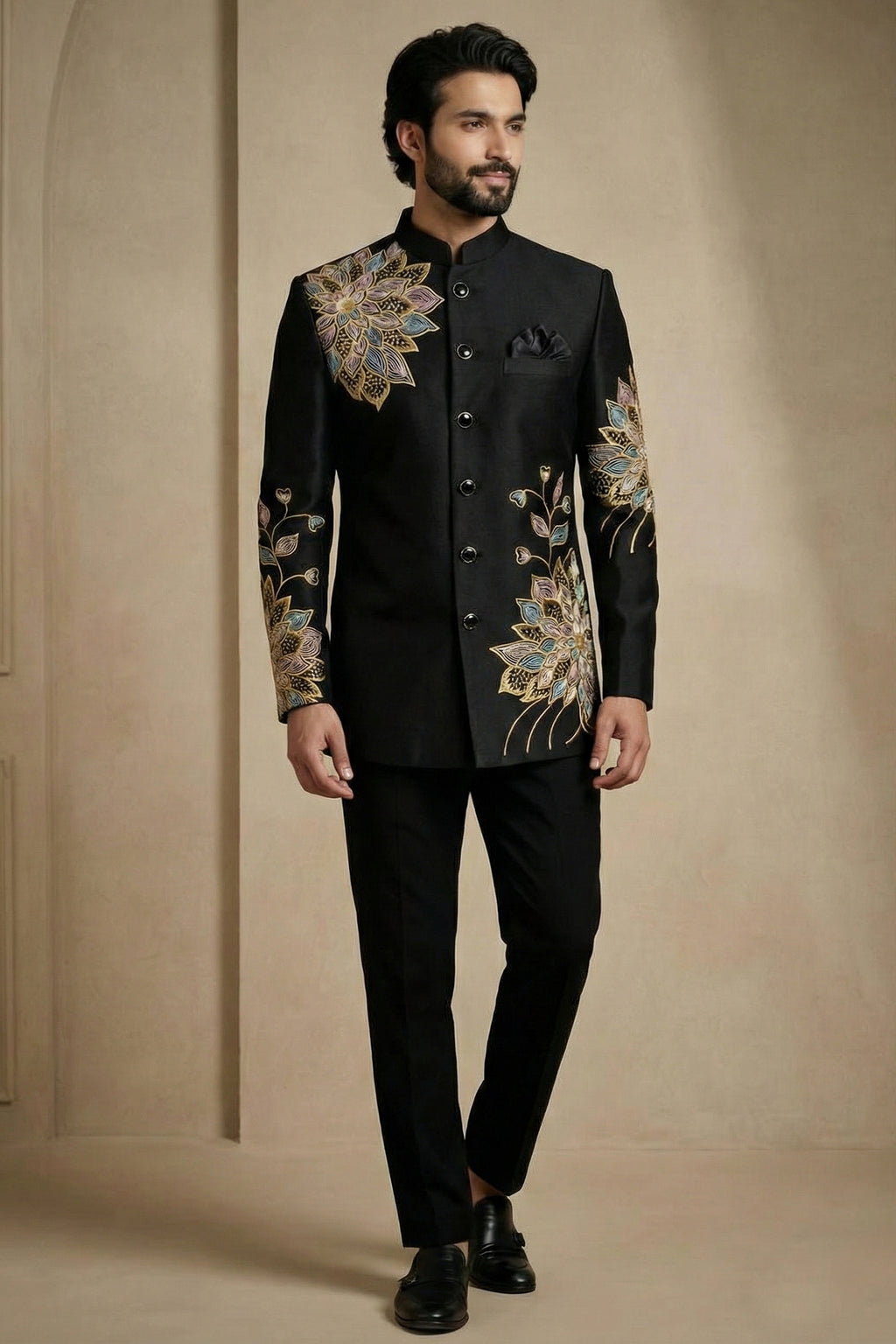 Black Satin Embroidered Jodhpuri Suit