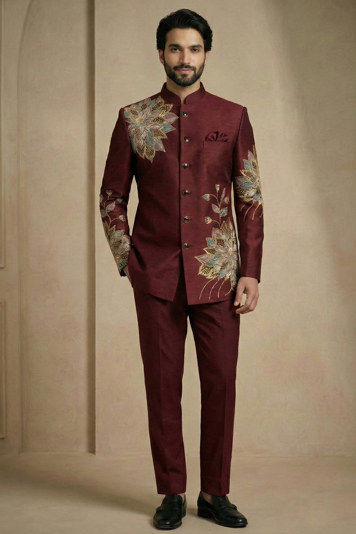 Maroon Satin Embroidered Jodhpuri Suit
