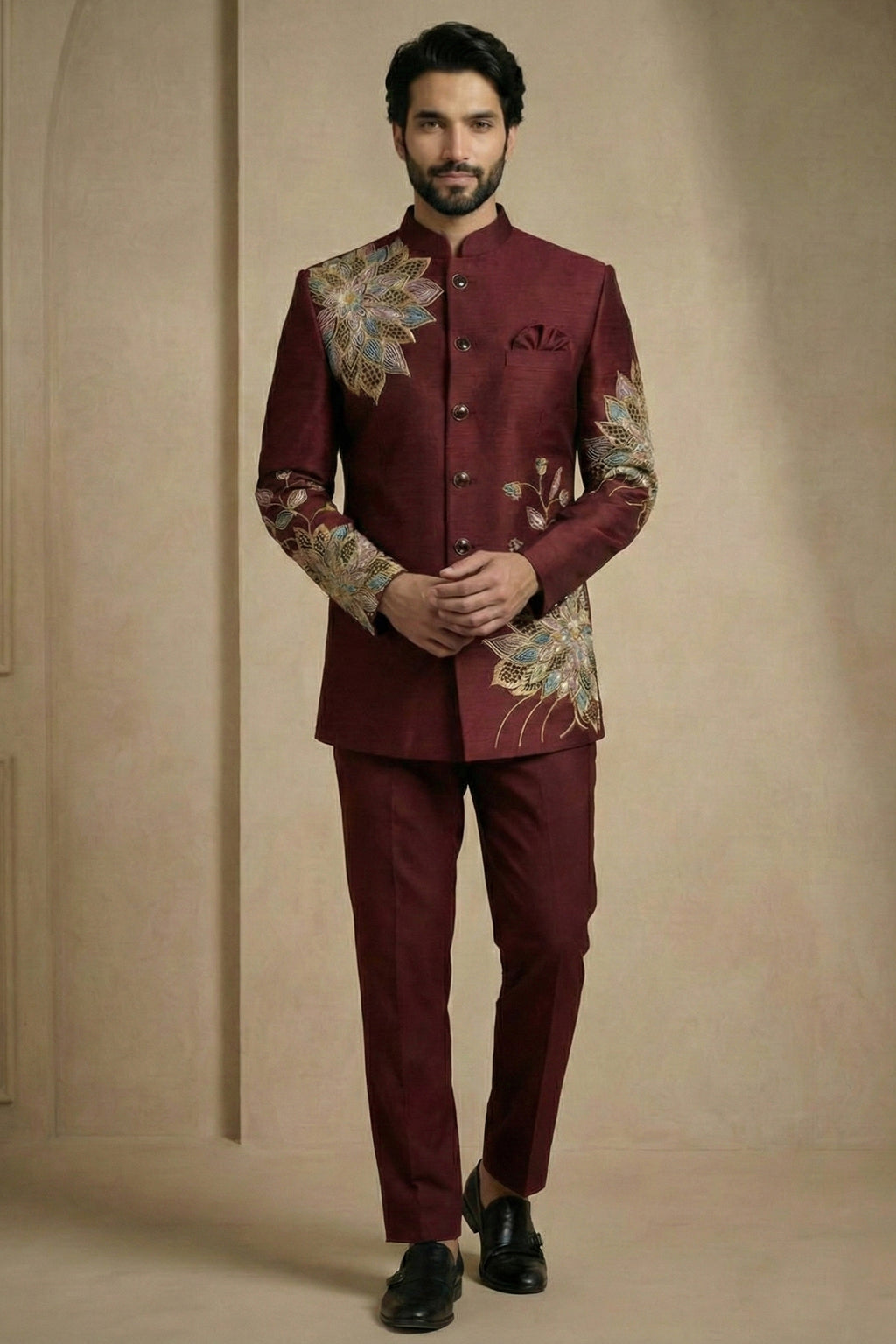 Maroon Satin Embroidered Jodhpuri Suit