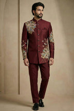 Maroon Satin Embroidered Jodhpuri Suit