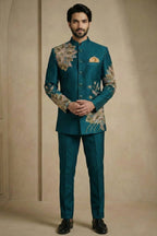 Rama Blue Satin Embroidered Jodhpuri Suit