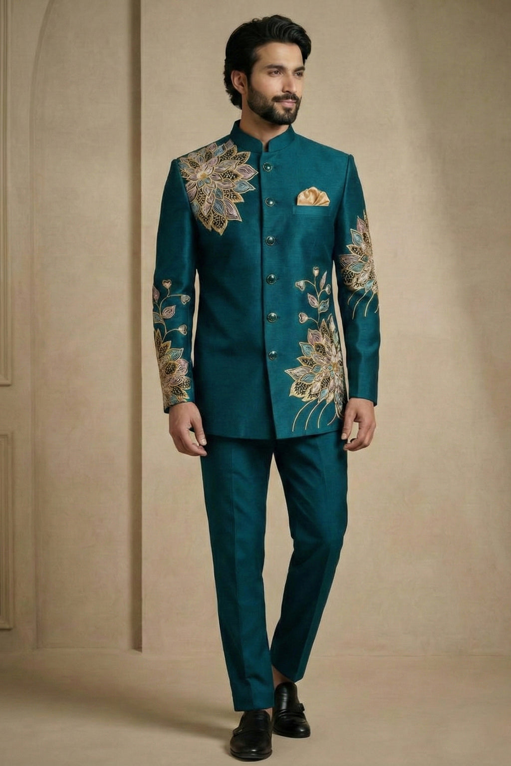 Rama Blue Satin Embroidered Jodhpuri Suit