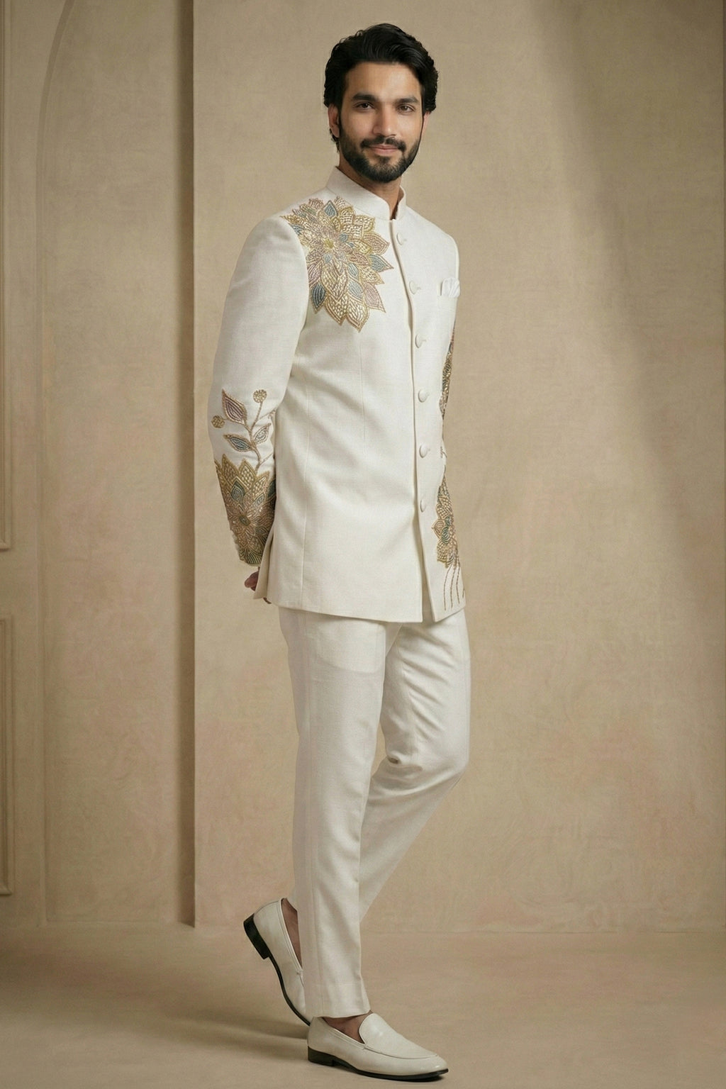 Pearl White Satin Embroidered Jodhpuri Suit