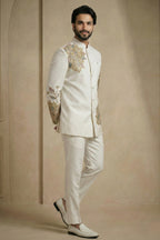 Pearl White Satin Embroidered Jodhpuri Suit