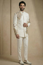 Pearl White Satin Embroidered Jodhpuri Suit