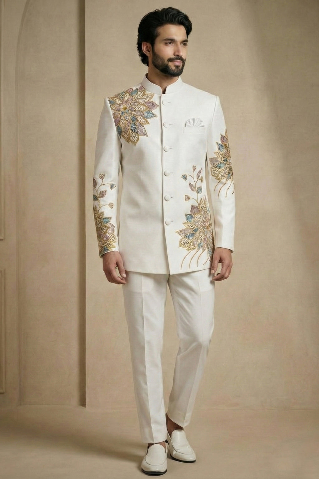 Pearl White Satin Embroidered Jodhpuri Suit
