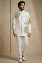 Pearl White Satin Embroidered Jodhpuri Suit